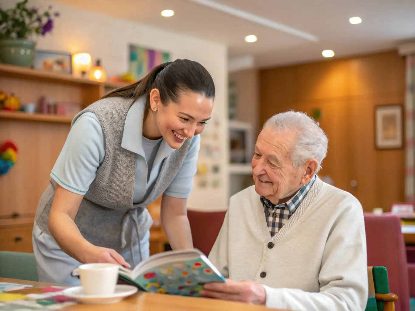 A warm and inviting long-term care facility interior, with healthcare workers interacting with residents, illustrating the personalized care provided through Global Healthcare Solutions' staffing.